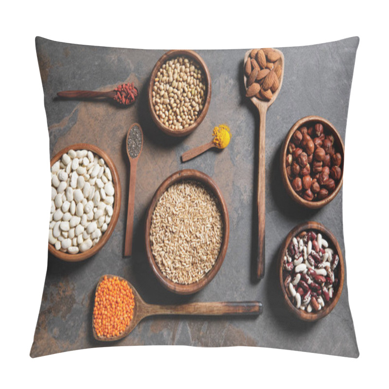 Personality  Flat Lay Of Wooden Bowls And Spoons With Superfoods, Legumes And Grains On Table Pillow Covers