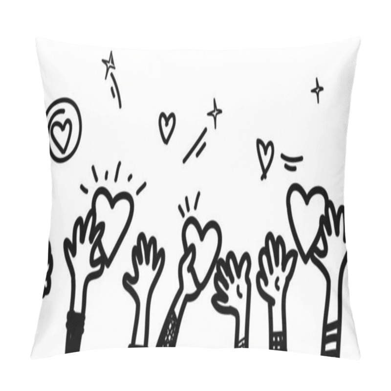 Personality  Hand Drawn Of Hands Up. Hands Clapping. Concept Of Charity And Donation. Give And Share Your Love To People. Hands Gesture On Doodle Style. Vector Illustration Pillow Covers