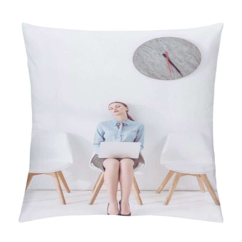 Personality  Attractive Woman With Laptop Sleeping On Chair While Waiting Job Interview  Pillow Covers