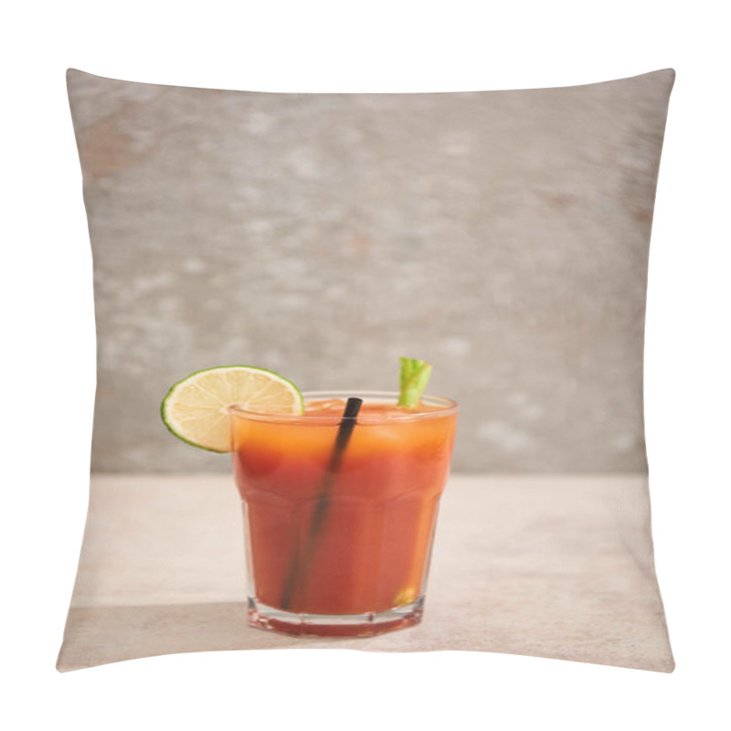 Personality  Bloody Mary Cocktail In Glass With Lime, Celery And Straw On Grey Background Pillow Covers