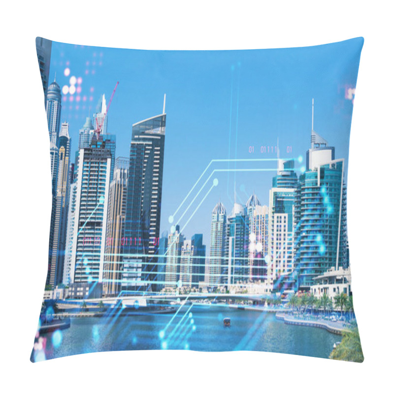 Personality  Skyscrapers Of Dubai Business Downtown. International Hub Of Trading And Financial Services. Technology Theme Icons Hologram, Concept Of Big Data. Double Exposure. Dubai Canal Waterfront. Pillow Covers