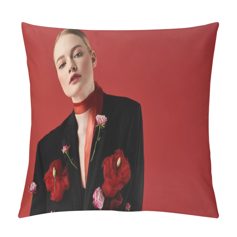 Personality  A Beautiful Young Woman Embraces The Elegance Of Floral Fashion. Pillow Covers