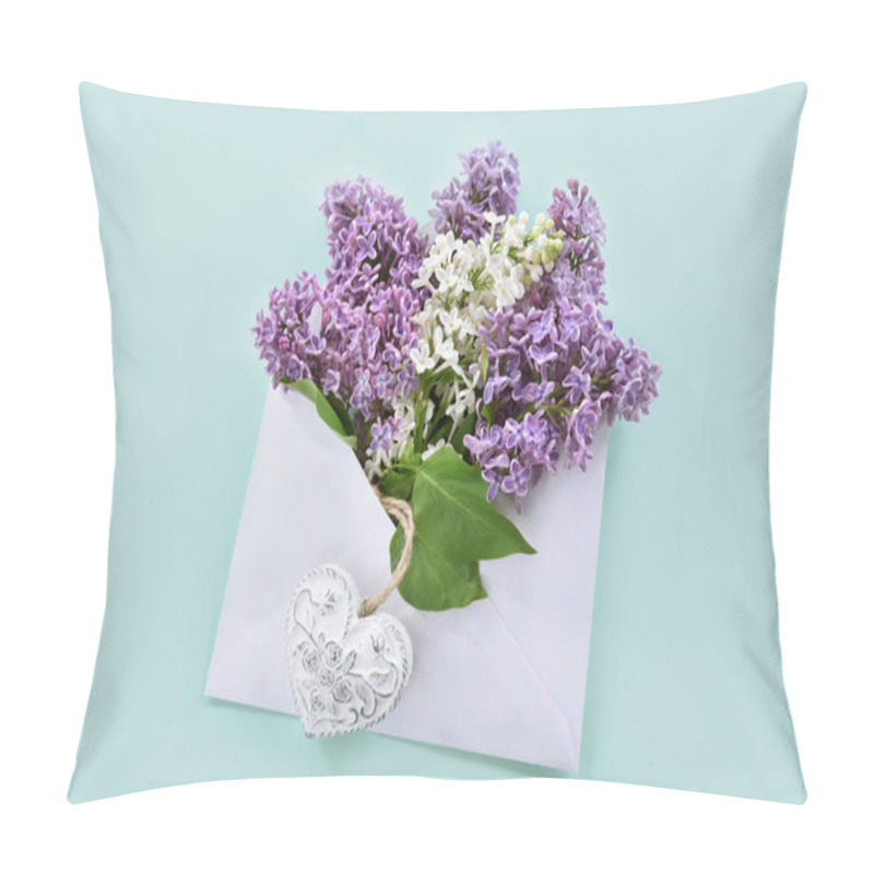 Personality  Flat Lay With White And Purple Lilac Blossoms In Envelope With A Heart On Mint Background  Pillow Covers