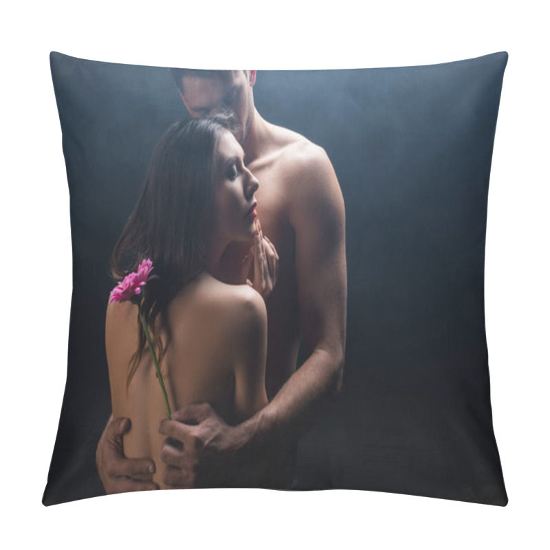 Personality  Sensual Naked Woman Standing By Shirtless Boyfriend With Gerbera On Black Background With Smoke  Pillow Covers