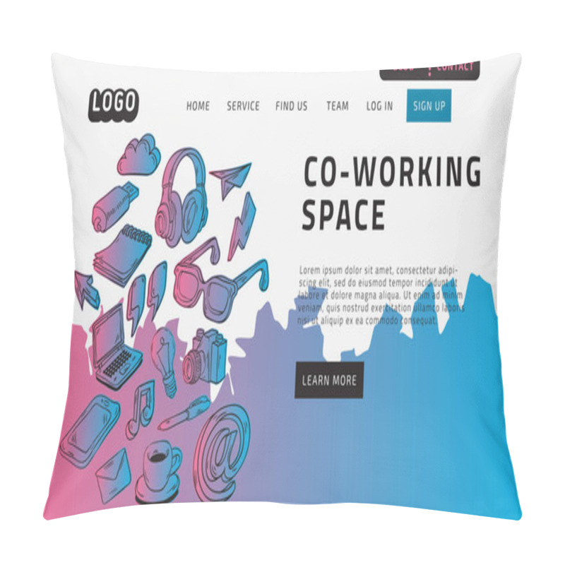 Personality  Co Working Coworking Space Desktop Landing Page For Web Website Template Design Example Front End With Hand Drawn Sketchy Line Art Drawings Illustrations Of Essential Related Objects Vector Graphic Pillow Covers