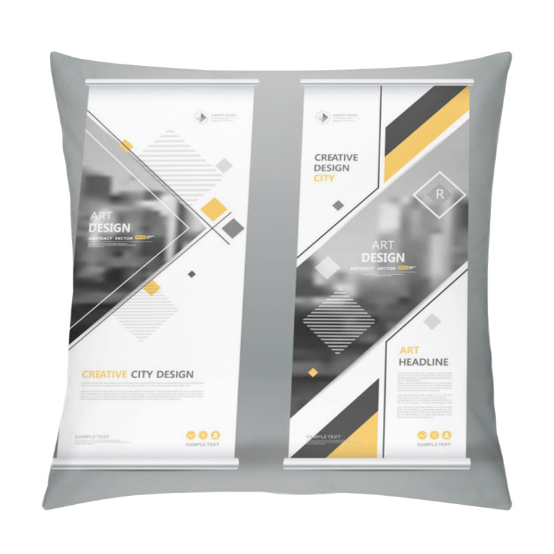 Personality  Abstract Composition. White Roll Up Brochure Cover Design. Info Banner Frame. Text Font. Title Sheet Model Set. Modern Vector Front Page. City View Brand Flag. Triangle Figures Icon. Ad Flyer Fiber Pillow Covers