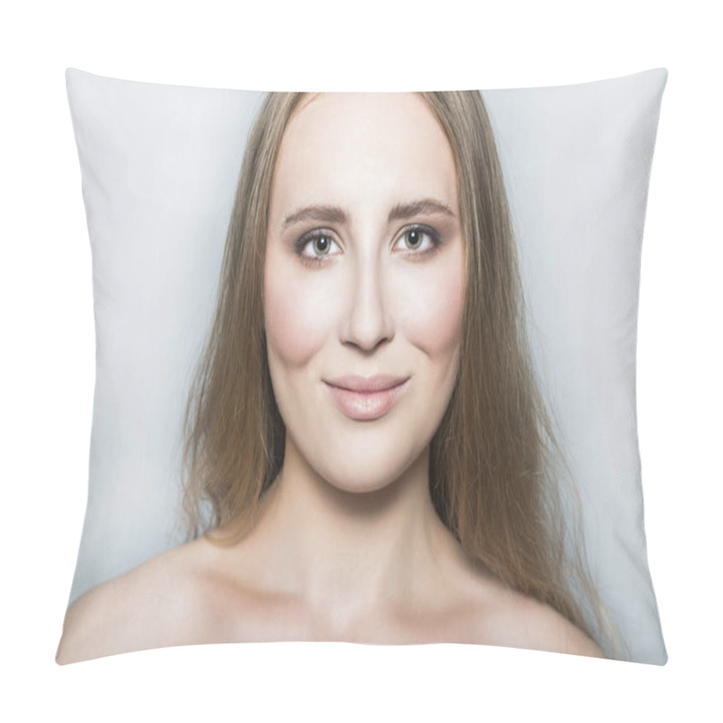 Personality  Face Of Young Blonde Beautiful Girl With Makeup And Long Hair Pillow Covers