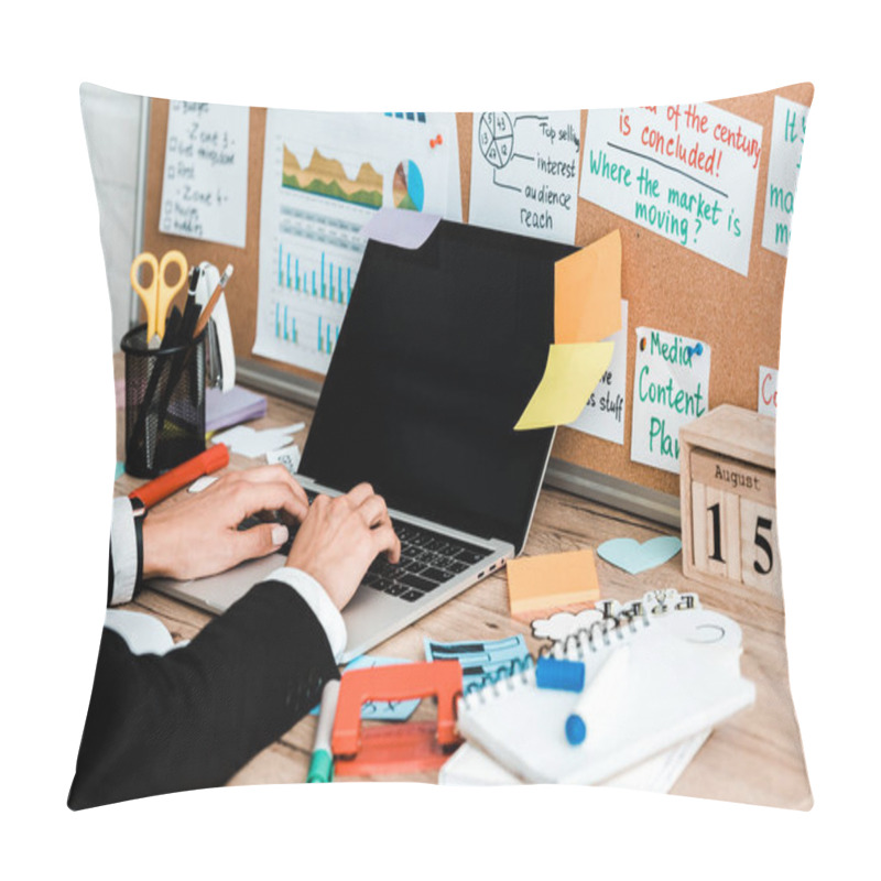 Personality  Cropped View Of Woman Using Laptop With Blank Screen Near Lettering On Notice Board Pillow Covers