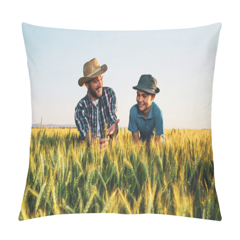 Personality  Father And Son Are Standing In Their Growing Wheat Field. Father Is Teaching His Successor About Agriculture. Pillow Covers