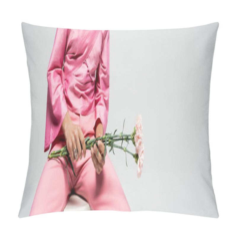 Personality  Cropped Fashion Model In Pink Attire Holding Flowers And Sitting On Chair, Grey Backdrop Banner Pillow Covers