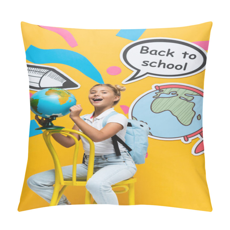 Personality  Excited Schoolgirl Holding Globe Near Speech Bubble With Back To School Lettering And Paper Artwork On Yellow Background Pillow Covers