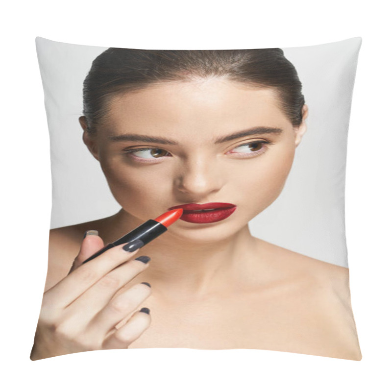 Personality  With A Focused Expression, A Beautiful Woman Enhances Her Lips With Vibrant Red Lipstick. Pillow Covers