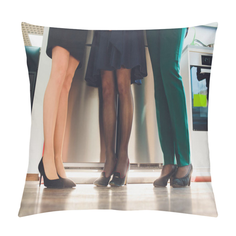 Personality  Legs Of Businesspeople. Woman Wearing Skirt, Stockings And High Heels, Man Wearing Dark Trousers And Shoes. Pillow Covers