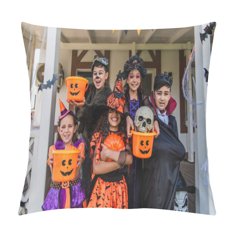 Personality  Happy Multiethnic Kids In Halloween Costumes Holding Buckets And Pumpkin Near House Outdoors  Pillow Covers