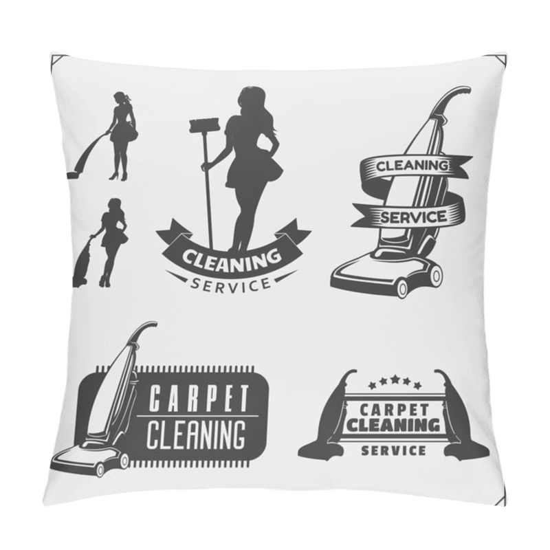 Personality  Set Of Cleaning Service Emblems With Beautiful Young Maid. Clining Badges, Labels And Design Elements. Vintage Style. Pillow Covers