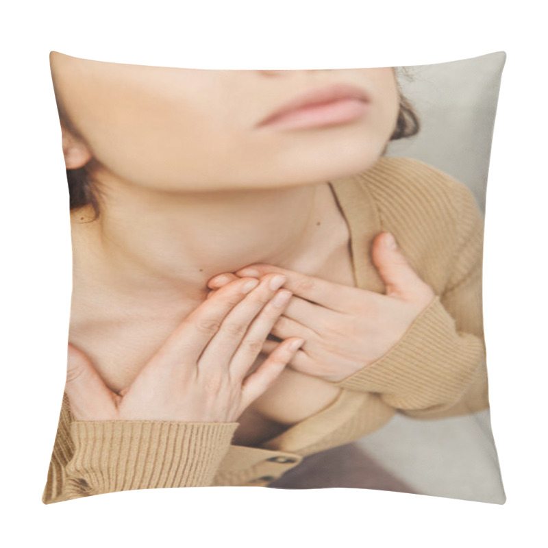 Personality  High Angle View Of Young Brunette Woman In Casual Jumper Touching Neck During Self-massage Of Thyroid Gland In Blurred House, Self-care Ritual And Holistic Wellness Practices Concept, Tension Relief Pillow Covers