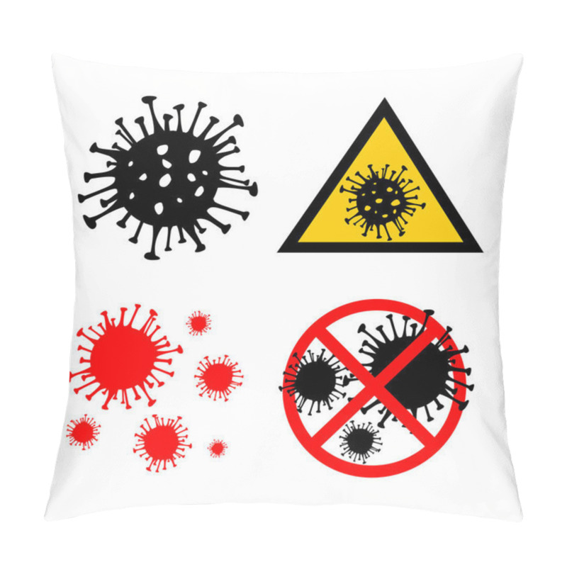 Personality  Set Of 4 Dangerous Coronavirus Red And Black Vector Icon. 2019-nCoV Bacteria Isolated On White Background. COVID-19 Wuhan Corona Virus Disease Sign STOP Pandemic Concept Symbol. Human Health Medical Pillow Covers