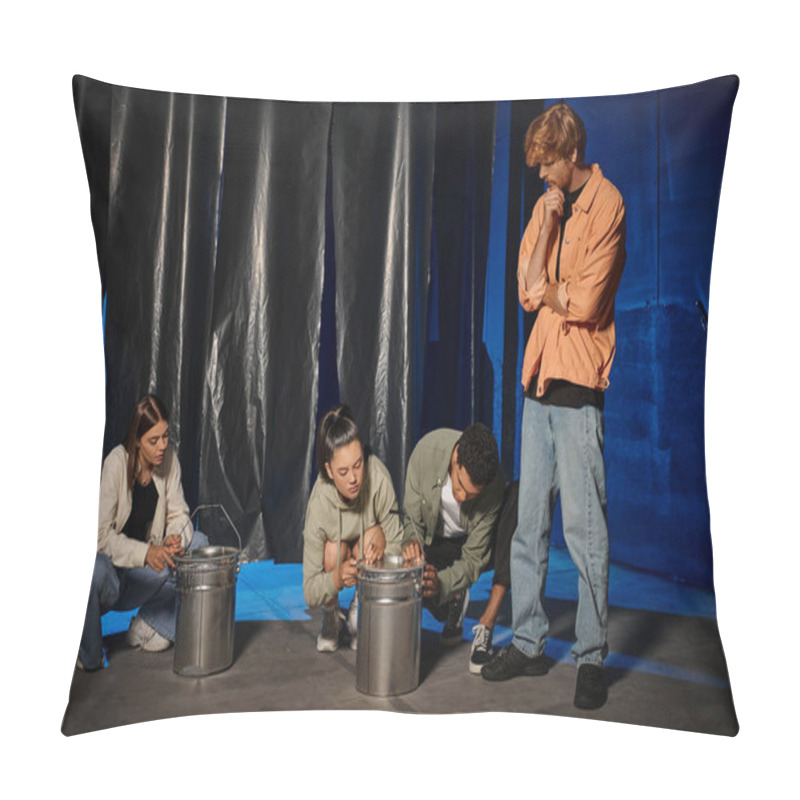 Personality  Intense Quest Room Challenge Of Multicultural Group Of Friends In Casual Attire, Diversity Pillow Covers