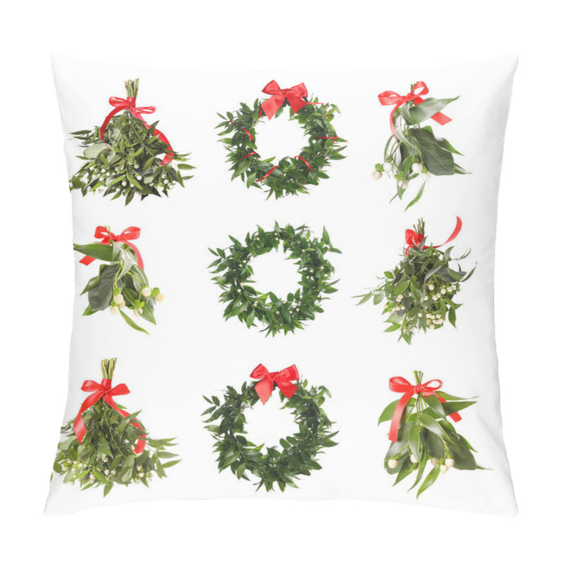 Personality  Set With Mistletoe Bunches And Wreaths On White Background. Traditional Christmas Decor Pillow Covers