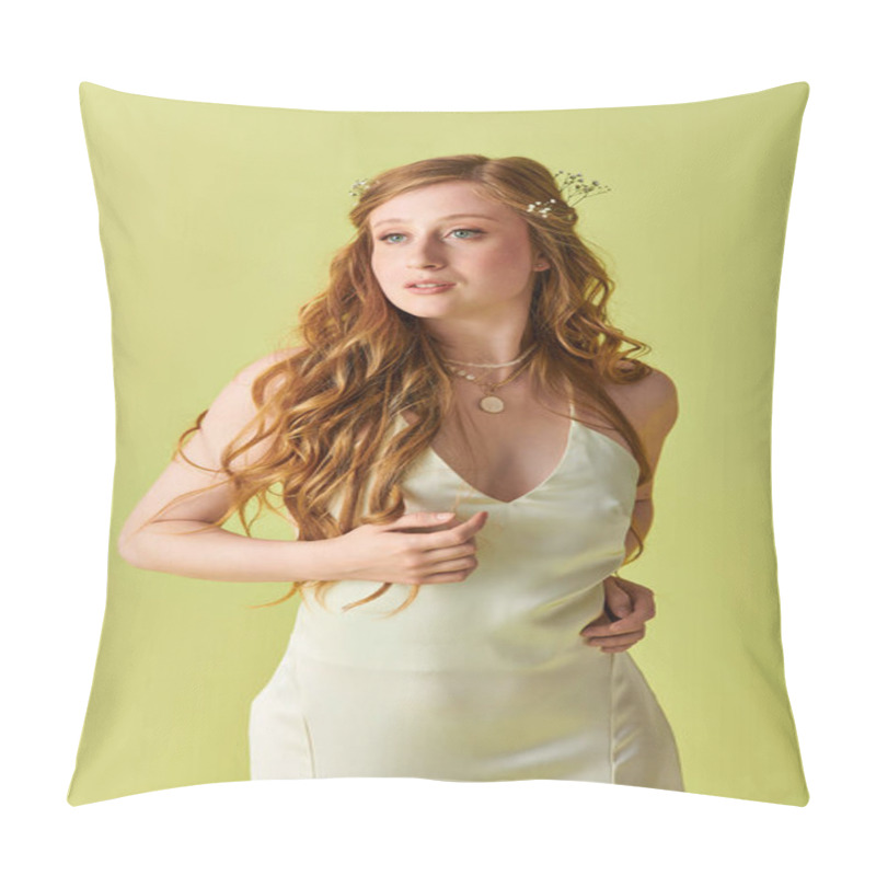 Personality  A Young Woman With Long Red Hair And A White Dress Stands Against A Bright Green Background. Pillow Covers