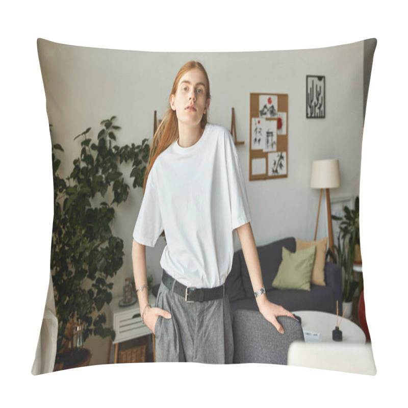 Personality  A Young Man Stands Confidently In A Modern, Well Decorated Room Showcasing Casual Fashion. Pillow Covers