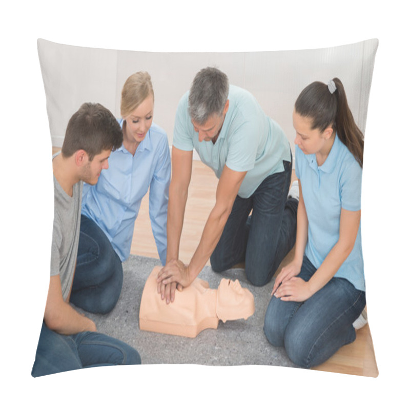 Personality  Instructor Showing Cpr Training On Dummy Pillow Covers