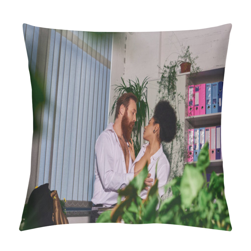 Personality  Passionate Interracial Couple Embracing In Night Office On Blurred Foreground, Love Affair At Work Pillow Covers