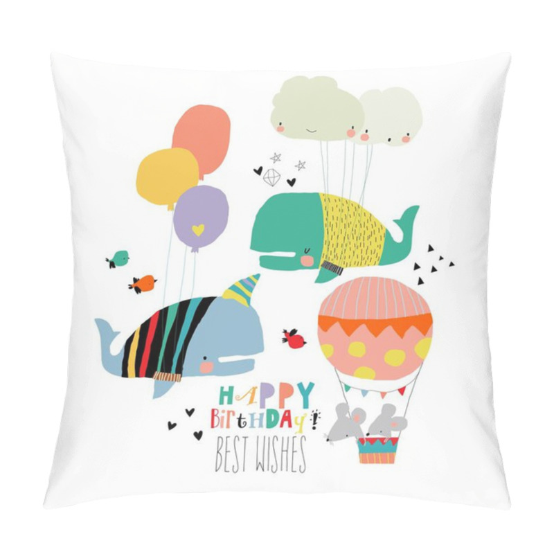 Personality  Cartoon Card With Cute Whales Celebrating Birthday. Vector Illustration Pillow Covers