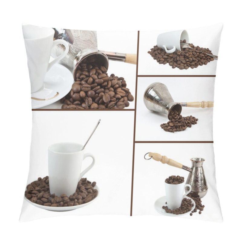 Personality  Collage Coffee Make, Coffee Grains, Cup Of Coffee On White Backg Pillow Covers