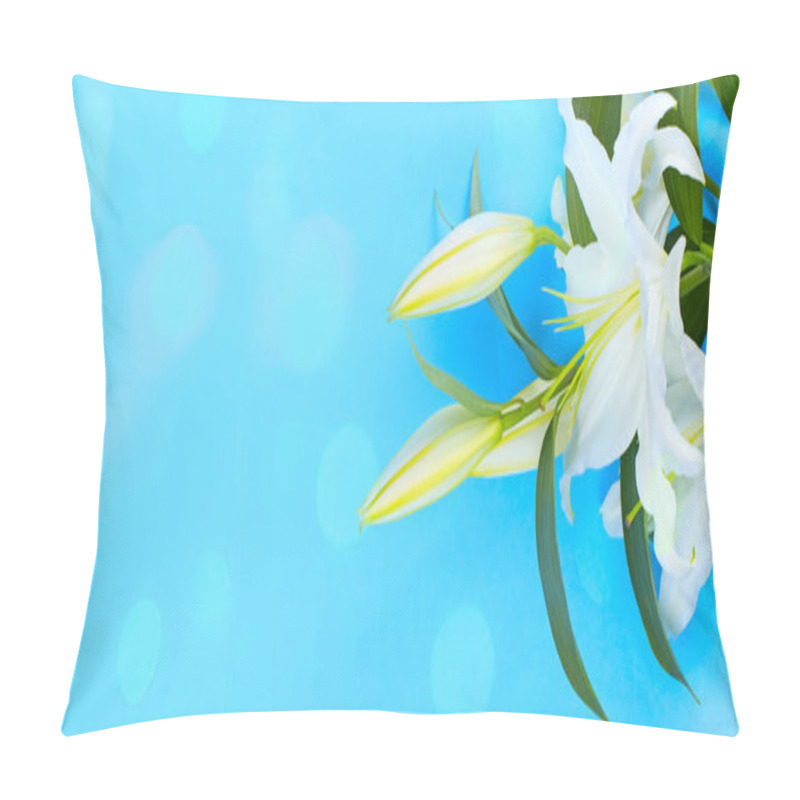 Personality  Banner Natural Bouquet Of Lilies On A Blue Background. Pillow Covers