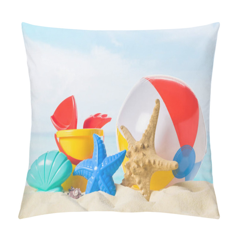 Personality  Beach Ball And Toys In Sand On Blue Sky Background Pillow Covers