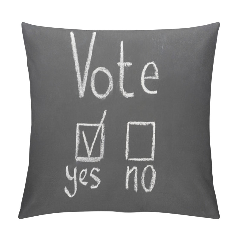 Personality  Top View Of White Vote Lettering And Check Mark Near Yes Word On Black Chalkboard Pillow Covers