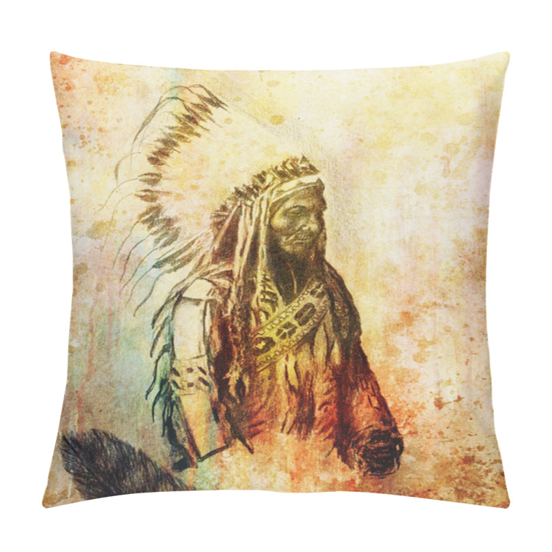 Personality  Drawing Of Native American Indian Foreman Sitting Bull - Totanka Yotanka According Historic Photography, With Beautiful Feather Headdress. Pillow Covers