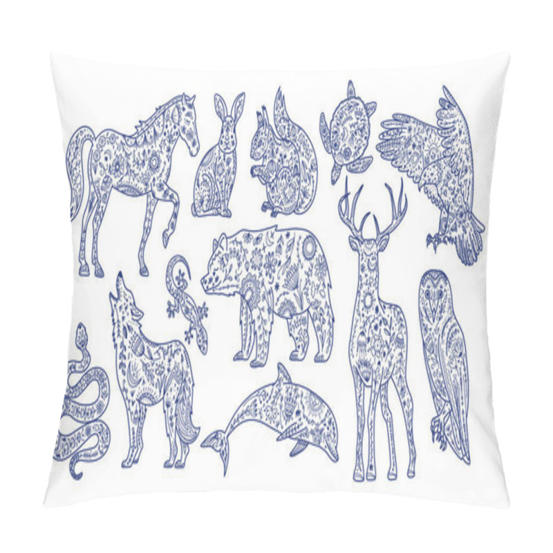 Personality  Scandinavian Folk Animals. Folk Graphic Elements In Line Style With Ornate Decoration, Symbols, Floral Pattern. Pillow Covers