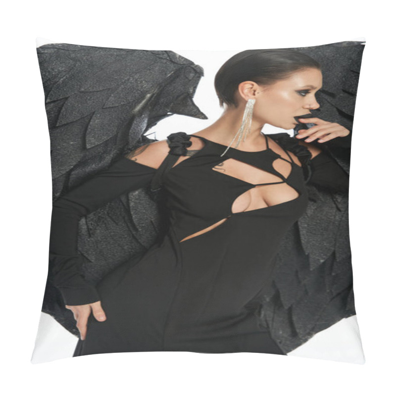 Personality  Seductive Woman In Costume Of Black Demon With Wings Touching Lips And Looking Away On White Pillow Covers