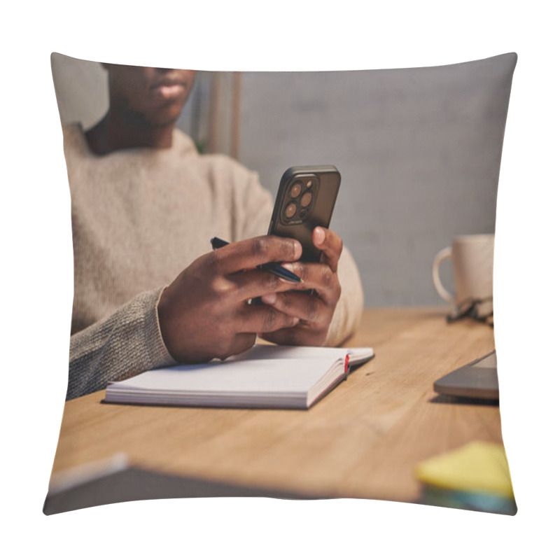 Personality  Cropped View Of African American Freelancer Chatting On Smartphone Near Notebook In Home Office Pillow Covers