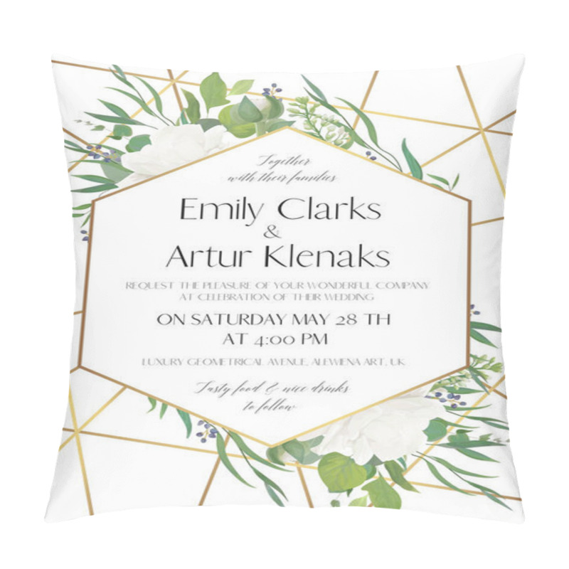 Personality  Wedding Invite, Save The Date Card Delicate Design With Natural Greenery Eucalyptus Leaves, White Roses, Berries & Golden Foil Stripes, Geometrical Decoration. Elegant, Lovely, Luxury Vector Template Pillow Covers