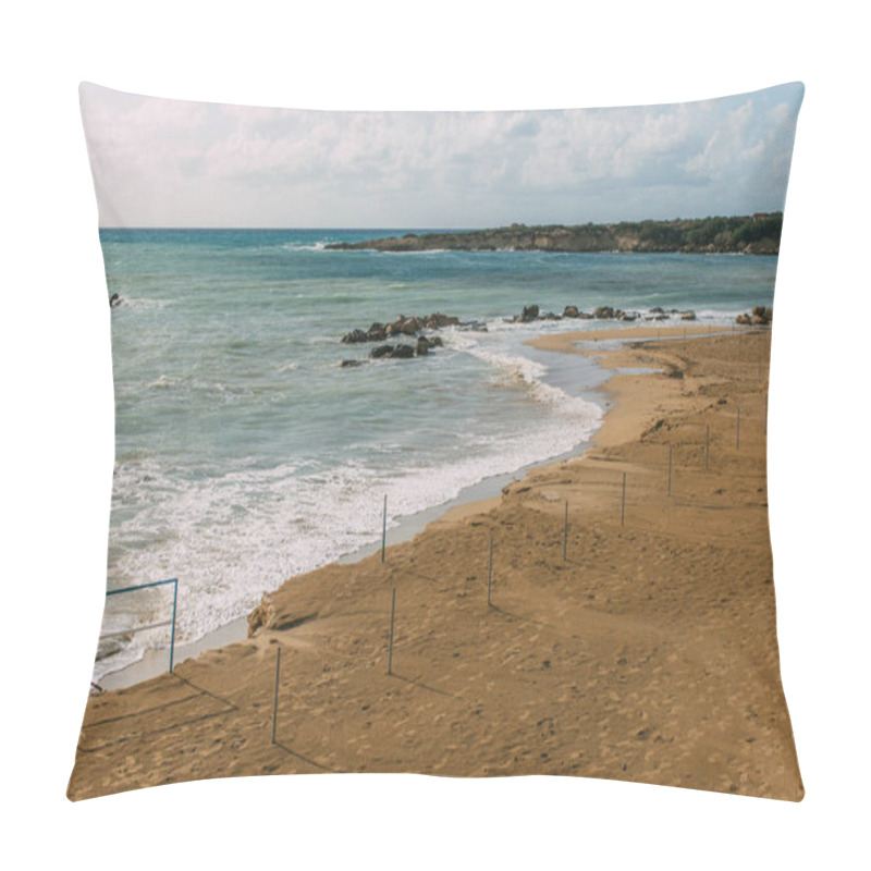 Personality  Wet Sandy Beach Near Mediterranean Sea Against Blue Sky Pillow Covers