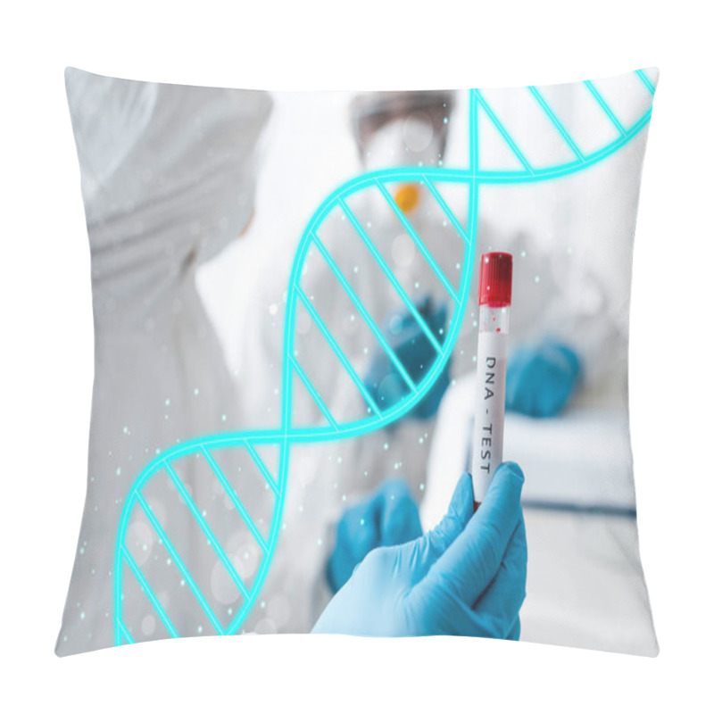 Personality  Selective Focus Of Scientist And Her African American Colleague Doing Dna Test And Dna Illustration  Pillow Covers