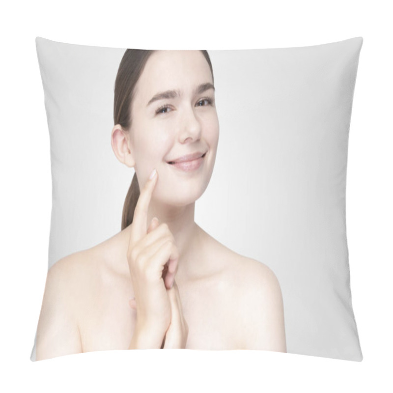 Personality  Asian Young Woman Touching Face With Her Hand In Relaxed Expression Pillow Covers