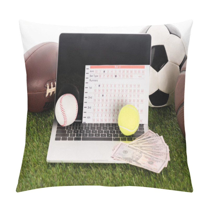 Personality  Laptop Near Sports Balls And Betting List On Green Grass Isolated On White, Sports Betting Concept Pillow Covers