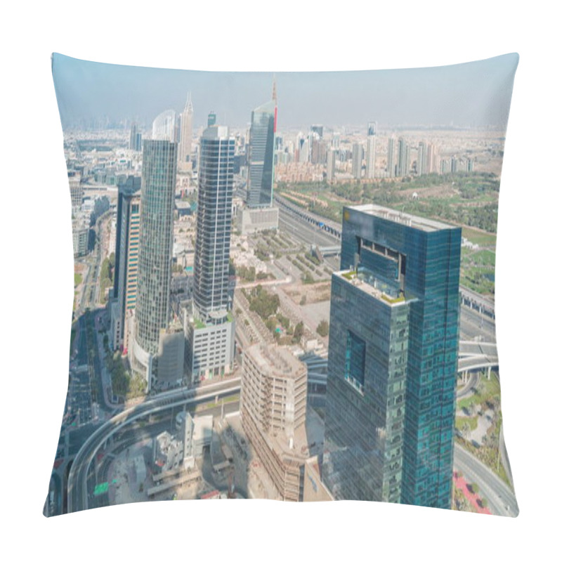 Personality  Aerial View Of Media City And Al Barsha Heights District Area Timelapse From Dubai Marina. Office Towers And Skyscrapers With Traffic On A Highway From Above Pillow Covers