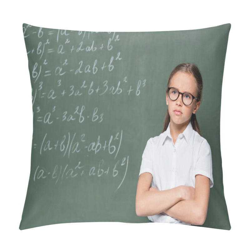 Personality  Offended Schoolgirl Standing With Crossed Arms Near Chalkboard With Equations Pillow Covers