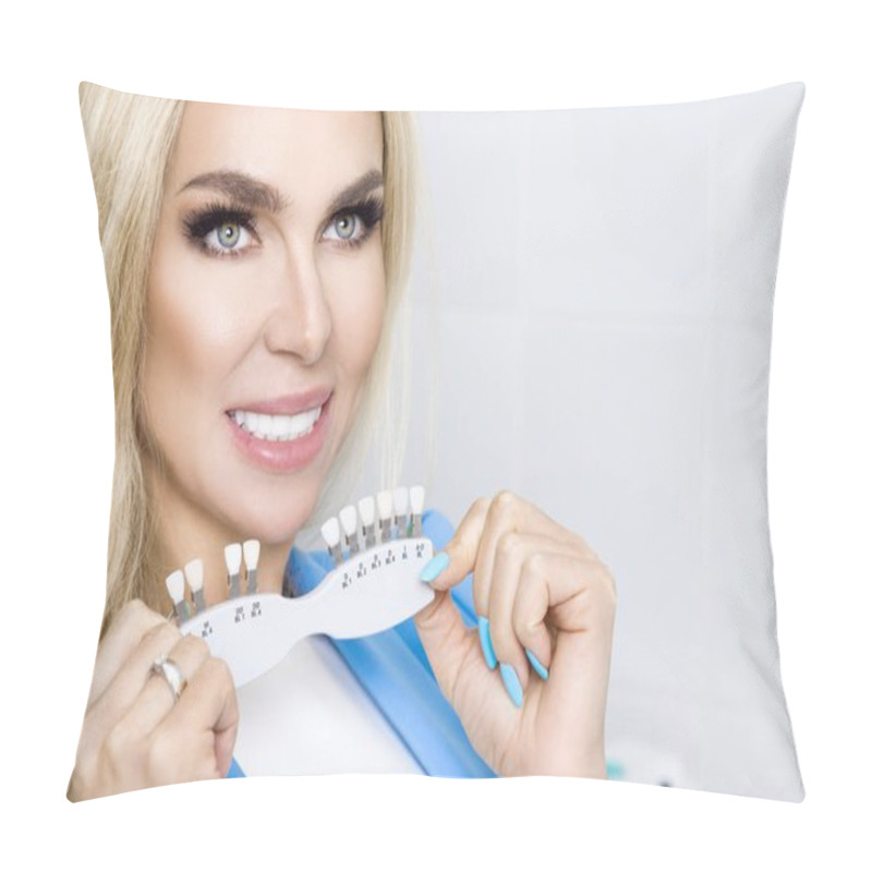 Personality  Beautiful, Young Woman With White And Healthy Teeth, She Smiles. He Has Healthy And Whitened Teeth And Porcelain Veneers. Pillow Covers