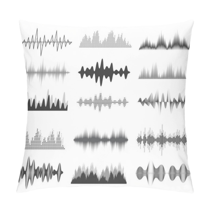 Personality  Sound Waves Collection. Analog And Digital Audio Signal. Music Equalizer. Interference Voice Recording. High Frequency Radio Wave. Vector Illustration. Pillow Covers