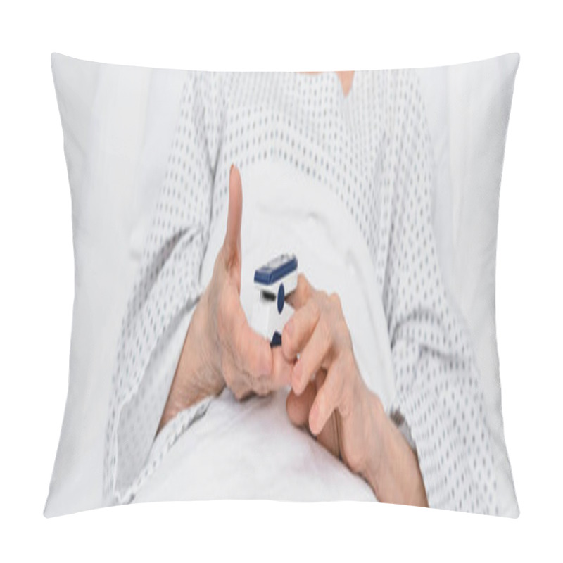 Personality  Cropped View Of Elderly Patient Holding Oximeter On Bed In Clinic, Banner  Pillow Covers