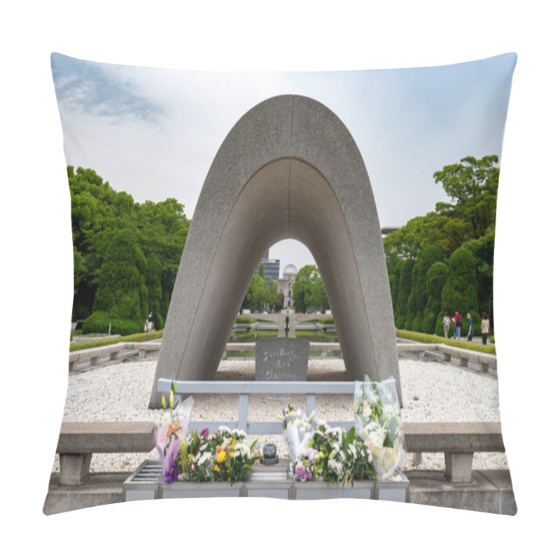 Personality  HIROSHIMA, JAPAN - JUEN 27 2017: Memorial Cenotaph In Hiroshima. At The Center Of The Park, A Monument Covers A Cenotaph Holds The Names Of All People Killed By The Bomb. Pillow Covers