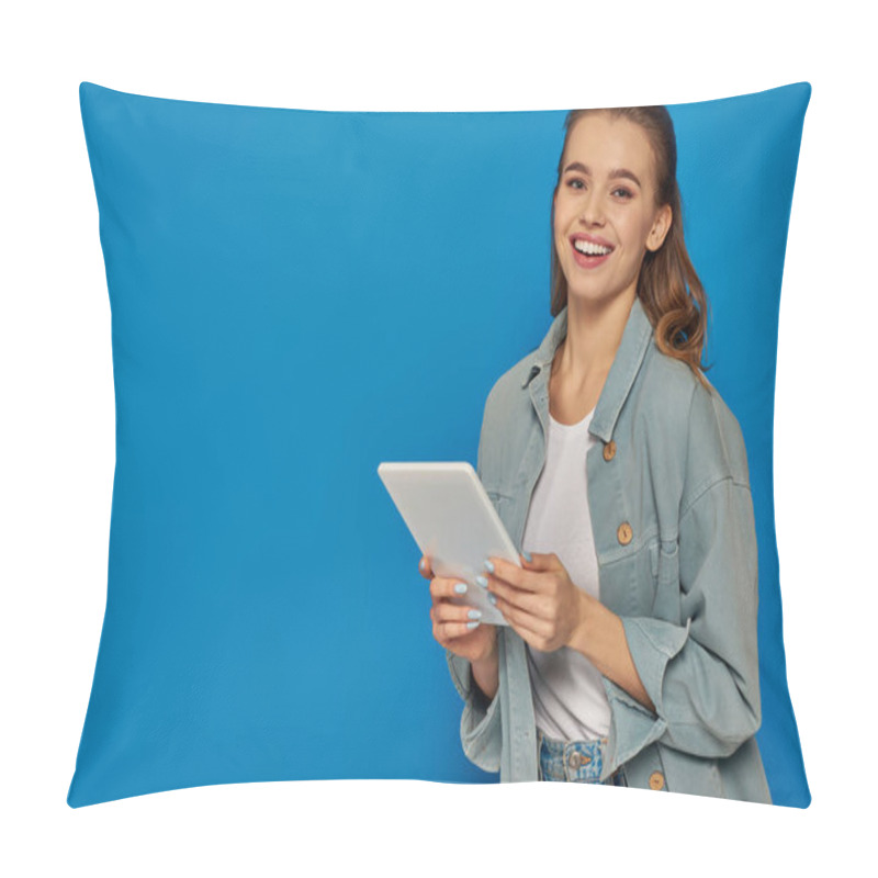 Personality  Happy Young Woman Holding Digital Tablet And Smiling At Camera On Blue Background, Social Media Pillow Covers