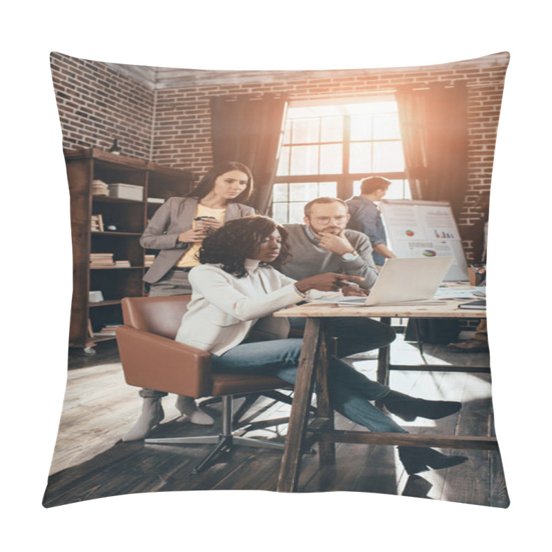 Personality  Multiethnic Group Of Colleagues Working Together On New Project In Modern Loft Office With Backlit Pillow Covers