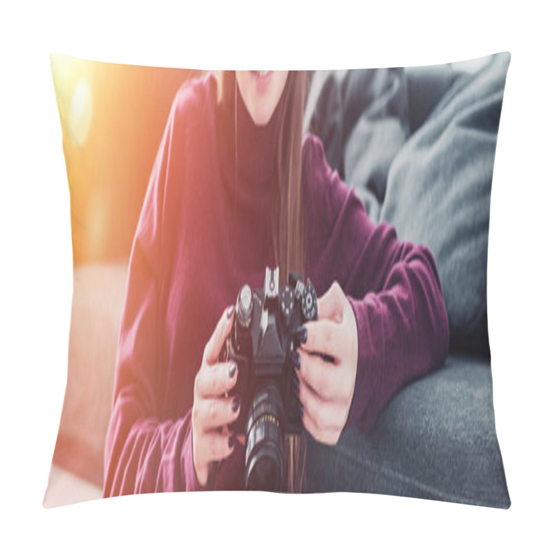 Personality  Cropped View Of Smiling Photographer Sitting On Floor Near Sofa And Holding Film Camera Pillow Covers